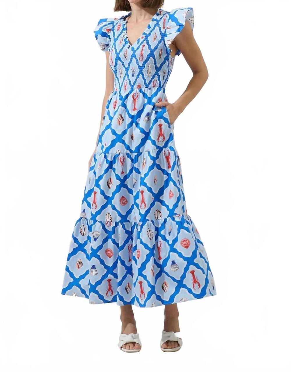 NEW SUGARLIPS lobster bay sunfire tiered midi dress in whtblue multi